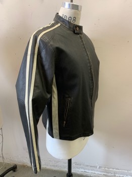STEVE BARRY, Black, Ecru, Leather, Solid, Stripes, Zip Front, Collar Band, 2 Zip Pockets