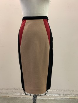 Jason Wu, Beige, Black, Red Burgundy, Rayon, Nylon, Color Blocking, Zipper Back, Double Knit, Beige Front and Back Panels with Black Side Panels and Burgundy Inset Triangles