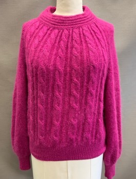 ADLINULLER, Fuchsia Pink, Metallic, Wool, Cable Knit, Glitter Infused Knit, Long Poufy Raglan Sleeves with Tapered Cuffs, Round Neck, Pullover, Rib Knit Waistband,