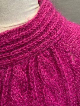 ADLINULLER, Fuchsia Pink, Metallic, Wool, Cable Knit, Glitter Infused Knit, Long Poufy Raglan Sleeves with Tapered Cuffs, Round Neck, Pullover, Rib Knit Waistband,