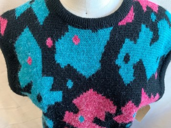 CAMELA, Black, Turquoise Blue, Pink, Mohair, Acrylic, Abstract , Crew Neck, Pullover,