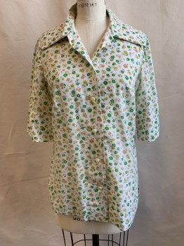 N/L, White, Green, Lt Brown, Yellow, Cotton, Floral, Button Front, Collar Attached, Short Sleeves