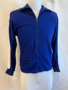 TSA, Dk Blue, Red, White, Acrylic, Color Blocking, Track Jacket, C.A., Zip Front, L/S, 1 Pocket, Stripes on Sleeves