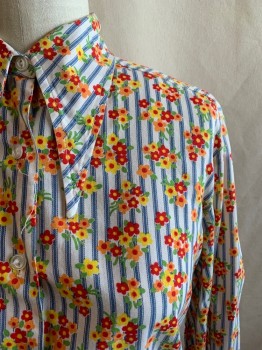 N/L, White, Lt Blue, Red, Yellow, Orange, Cotton, Floral, Stripes, Collar Attached, Long Sleeves, Button Front, 2 Button Cuffs, Floral Pattern, Blue Stripes Background