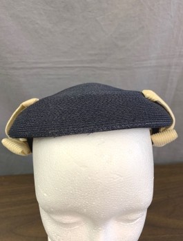 LOUISE, Navy Blue, Cream, Straw, Disc Shaped with Contrasting Upside Down Bows at Sides of Head, in Good Condition