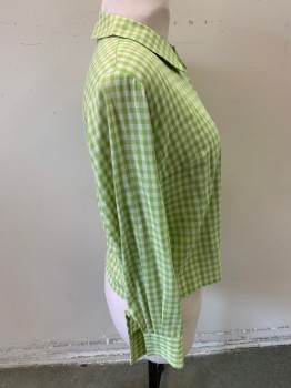 N/L, Avocado Green, Cotton, Gingham, L/S, Rounded Collar, Square Buttons,