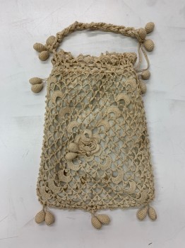 N/L, Cream, Cotton, Solid, Floral, *Aged/Distressed* Drawstring, Braided Floral, Ball Ends