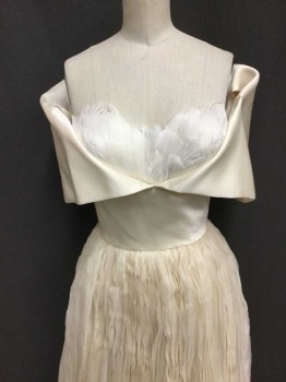 WHITE, Cream, Silk, Feathers, Solid, Hem Below Knee, Feathers At Bust, Off Shoulder Fabric Folded Over, Chiffon Crinkle Pleat Skirt Over
