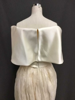 WHITE, Cream, Silk, Feathers, Solid, Hem Below Knee, Feathers At Bust, Off Shoulder Fabric Folded Over, Chiffon Crinkle Pleat Skirt Over