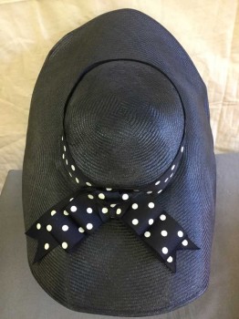 SAKS FIFTH AVE, Navy Blue, White, Straw, Solid, Polka Dots, Navy Straw, Wide Brim, Navy and White Polka Dot Ribbon with Bow Center Back,