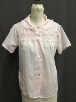 NO LABEL, Lt Pink, White, Pink, Green, Cotton, Solid, Floral, PJ Top, Short Sleeve,  Button Front, Peter Pan Collar, Floral Embroidery, White Lace Trim
