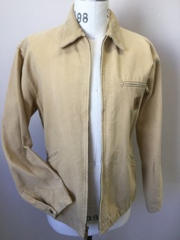 CARHARTT, Khaki Brown, Cotton, Solid, Khaki with Corduroy Khaki Collar, Zip Front, 3 Pockets, ( Gray Stained on Left Sleeve)