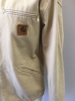 CARHARTT, Khaki Brown, Cotton, Solid, Khaki with Corduroy Khaki Collar, Zip Front, 3 Pockets, ( Gray Stained on Left Sleeve)