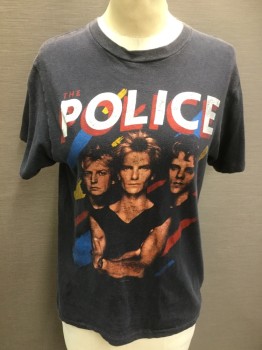 HANES, Faded Black, Red, White, Teal Blue, Yellow, Polyester, Cotton, Human Figure, Faded Black with 3 Men & " POLICE" Front and "SYNCHRONICITY" Back Print, Crew Neck, Short Sleeves, (burned Shoulder)