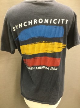 HANES, Faded Black, Red, White, Teal Blue, Yellow, Polyester, Cotton, Human Figure, Faded Black with 3 Men & " POLICE" Front and "SYNCHRONICITY" Back Print, Crew Neck, Short Sleeves, (burned Shoulder)