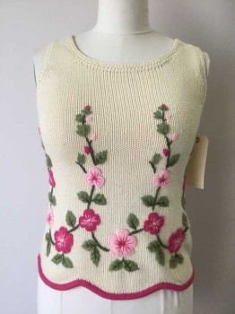 FULLY FASHIONED, Cream, Lt Pink, Hot Pink, Olive Green, Lt Olive Grn, Wool, Floral, Sleeveless, Scoop Neck, Pink Trimmed Scallopped Hem, Embroiderred Vines and Flowers Front