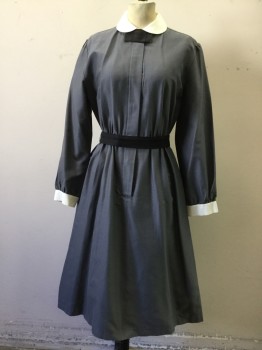 MTO, Medium Gray, White, Cotton, Solid, Maid Uniform, Multiples, 3/4 Button Front, Long Sleeves, White Peter Pan Collar, White Cuffs, Elastic Waist, Hem Below Knee, Black Attached Bow Tie, Separate Gray Snap Belt, Shoulder Burn