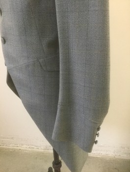N/L MTO, Gray, Yellow, Charcoal Gray, Wool, Plaid-  Windowpane, Cutaway, Single Breasted, 4 Self Fabric Buttons, Peaked Lapel with Solid Gray Velvet Panel, 2 Faux Waist Flap Pockets & 1 Welt Pocket at Chest, Victorian Made To Order Reproduction