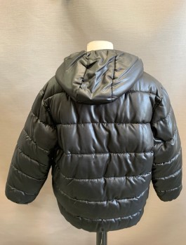 OLD NAVY, Black, Polyester, Acrylic, Solid, Puffer Jacket, Zip Front, Hooded, Fleece Lining, 3 Pockets