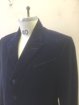 N/L MTO, Navy Blue, Cotton, Solid, Cutaway Jacket, Velvet, Peaked Lapel, 3 Self Fabric Covered Buttons, Navy Paisley Lining, Made To Order Victorian Reproduction