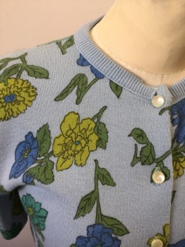 N/L, Lt Blue, Avocado Green, Green, Blue, Teal Green, Orlon Acrylic, Acrylic, Floral, Floral Cardigan, Button Front, Short Sleeves, Ribbed Knit Neck/Cuff/Waistband