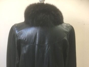 GENUINE LEATHER, Black, Leather, Fur, Solid, Leather with Black Fur Collar and Cuffs, Pleated Sleeves, Round Yoke at Shoulders, Large Gold Metal Grommets and Clasps, Padded Shoulders, Floor Length,