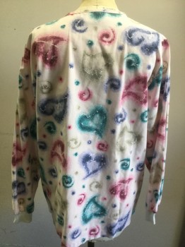 APPLES FOR LIFE, Baby Pink, Teal Green, Fuchsia Pink, Purple, Dove Gray, Poly/Cotton, Abstract , Hearts, Snap Front, Long Sleeves, 2 Pockets,