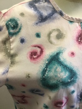 APPLES FOR LIFE, Baby Pink, Teal Green, Fuchsia Pink, Purple, Dove Gray, Poly/Cotton, Abstract , Hearts, Snap Front, Long Sleeves, 2 Pockets,