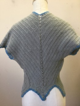 N/L, Gray, Powder Blue, Wool, Solid, Shrug Cardigan, Gray Knit with Powder Blue Edges at Armholes, Center Front and Hem, Open at Front with Knit Toggle Closure, Short Sleeves, Cropped Length, Hand Knit *Has Some Holes