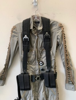 N/L MTO, Putty/Khaki Gray, Lt Brown, Black, Rayon, Solid, Boiler Suit/Coverall Style, Long Sleeves, Zip Front, Collar Attached, Beige Twill Lace Up at Sides and Sleeve Outseam, Silver Metal Gears at Waist, **Includes Removable Black Gun Belt/Harness with Gear Shaped Buckle, Backpack Style Straps, Leg Holster, and Ammo Compartment