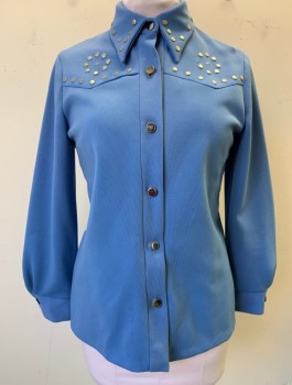 CM CALIFORNIA, Periwinkle Blue, Polyester, Solid, Double Knit Polyester, Long Sleeves, Button Front, Silver Studs at Collar and Western Yoke, **Missing 1 Stud in Front,