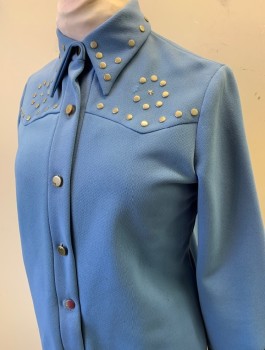 CM CALIFORNIA, Periwinkle Blue, Polyester, Solid, Double Knit Polyester, Long Sleeves, Button Front, Silver Studs at Collar and Western Yoke, **Missing 1 Stud in Front,