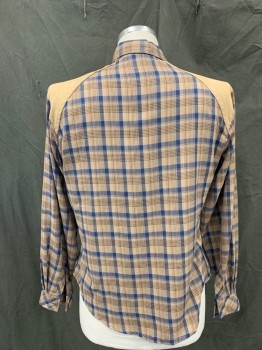 KENNINGTON, Brown, Lt Brown, Navy Blue, Almond, Tan Brown, Polyester, Cotton, Plaid, Flannel, Button Front, Tan Corduroy Western Yoke, Collar Attached, 2 Flap Corduroy Pockets with Button Tabs, Long Sleeves, Button Cuff