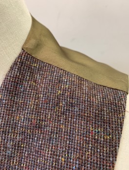 DOVERSHIRE, Brown, Gray, Multi-color, Wool, Speckled, Stripes - Micro, Tiny Grid Pattern with Various Color Specks, 5 Buttons, 2 Welt Pockets, Brown Solid Lining and Back, Self Belt in Back, 1960's, **Panels Added at Sides