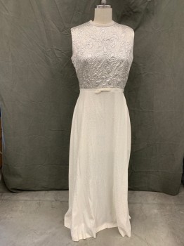 N/L, Silver, White, Lurex, Solid, Abstract , Evening Dress, Swirling Silver Brocade Top, Sleeveless, Zip Back, White/Silver Speckled Skirt, Floor Length Hem, Small Center Front Bow,