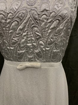 N/L, Silver, White, Lurex, Solid, Abstract , Evening Dress, Swirling Silver Brocade Top, Sleeveless, Zip Back, White/Silver Speckled Skirt, Floor Length Hem, Small Center Front Bow,