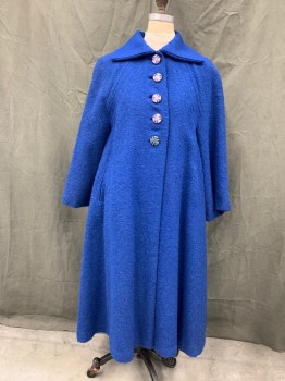 TEMP-RESISTN, Royal Blue, Wool, Solid, Boucle, Large Lavender and Black Buttons, Raglan Long Sleeves, 2 Welt Pockets, A-line, Herringbone Woven Wide Collar,