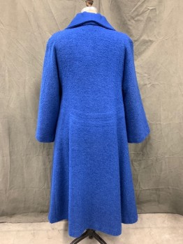 TEMP-RESISTN, Royal Blue, Wool, Solid, Boucle, Large Lavender and Black Buttons, Raglan Long Sleeves, 2 Welt Pockets, A-line, Herringbone Woven Wide Collar,