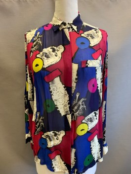 TONI DRESS, Multi-color, Magenta Pink, Royal Blue, Off White, Black, Silk, Abstract , Chiffon, Long Sleeves, Button Front, Collar Attached, 1 Faux "Welt Pocket" at Chest, Oversized,