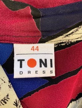 TONI DRESS, Multi-color, Magenta Pink, Royal Blue, Off White, Black, Silk, Abstract , Chiffon, Long Sleeves, Button Front, Collar Attached, 1 Faux "Welt Pocket" at Chest, Oversized,