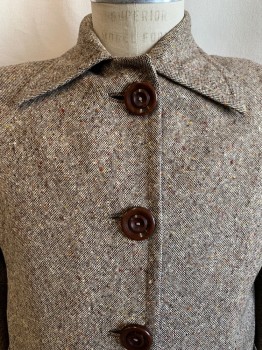 NL, Brown, Beige, Wool, 2 Color Weave, Multi Color Specs, Collar Attached, Single Breasted, Button Front, 2 Pockets