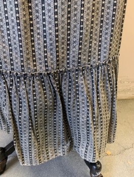 N/L, Gray, Black, Cream, Cotton, Stripes - Vertical , Calico , 1" Wide Self Waistband, Gathered at Waist, Self Ruffle at Hem, Ankle Length,