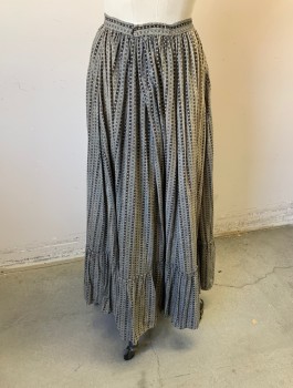 N/L, Gray, Black, Cream, Cotton, Stripes - Vertical , Calico , 1" Wide Self Waistband, Gathered at Waist, Self Ruffle at Hem, Ankle Length,
