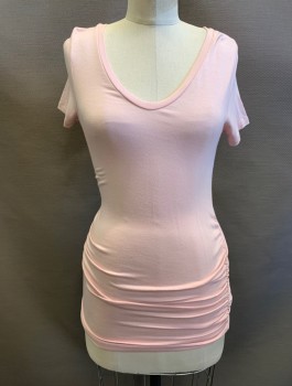 A PEA IN THE POD, Lt Pink, Modal, Spandex, Solid, Tee Shirt, Jersey, S/S, Scoop Neck, Ruched at Sides