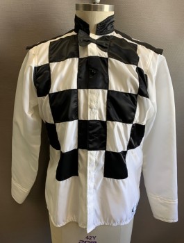 WHIPS INTERNATIONAL, White, Black, Polyester, Color Blocking, Jockey Jacket, Checkerboard Panels At Front, Snap Closures, Stand Collar, Black "Bow Tie" At Front
