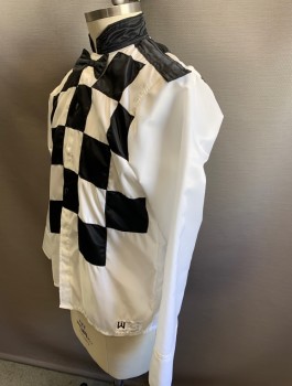 WHIPS INTERNATIONAL, White, Black, Polyester, Color Blocking, Jockey Jacket, Checkerboard Panels At Front, Snap Closures, Stand Collar, Black "Bow Tie" At Front