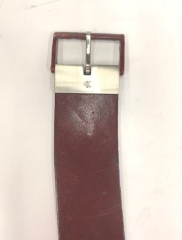 CALVIN KLEIN, Red Burgundy, Leather, Solid, 2" Wide, Curved Shape, Self Buckle, **Has Some Scuffs, Wear