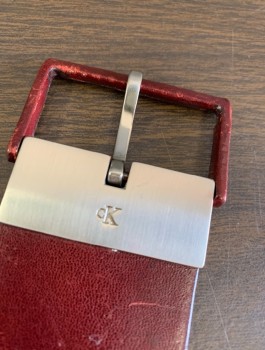 CALVIN KLEIN, Red Burgundy, Leather, Solid, 2" Wide, Curved Shape, Self Buckle, **Has Some Scuffs, Wear
