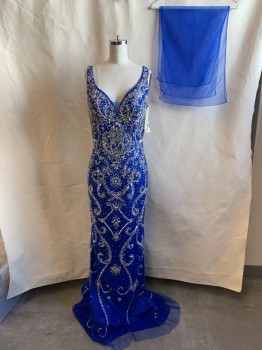 ASPEED, Royal Blue, Synthetic, Rhinestones, Solid, Sweetheart Neckline with Mesh Panel, Sleeveless, Novelty Beaded & Rhinestoned Detail, Matching Rectangular Mesh Scarf, Open Low Back