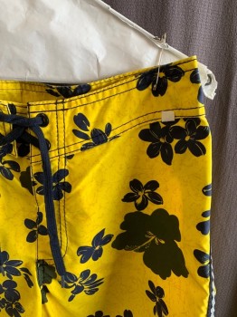 HURLEY, Yellow, Navy Blue, Silver, Polyester, Hawaiian Print, Lace Waistband, Back Pocket, Reflective Strip